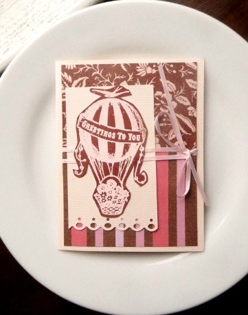 Greetings To You Card for Her, Hot Air Balloon Stamp Embossed, Shabby Chic Floral, Pink Brown, Handmade
