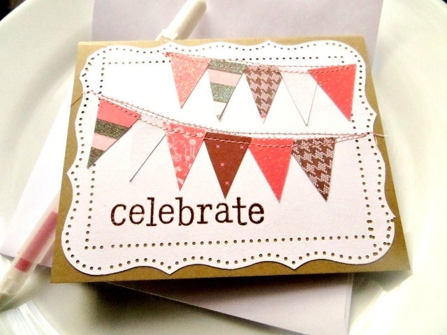 Sewn Banner Flag Kraft Card, Summer Red White Pink Brown, Celebrate Congrats, Cute Birthday for her, Embossed Stamp