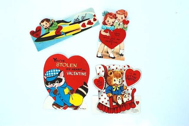 Mid Century 1950 Elementary School Valentines Day Cards, Mid Century Home Decor, Gift For MOM, Raccoon, Spaceman, Burglar