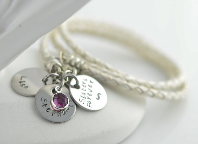 Leather wrap Bracelet, Birthstone Bracelet, Personalized hand stamped Bracelet, Mommy Jewelry