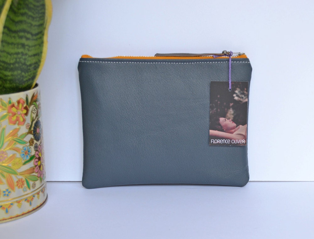 Large Leather Clutch Pouch in Dark Blue with Orange Vintage Metal Zipper