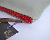 Large Leather Clutch Pouch in Sea Green with Atomic Red Vintage Metal Zipper