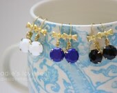 Vintage Blue, Black or White Stone & Gold Bow Dangle Earrings