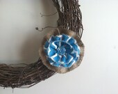 Teal Fabric and Natural Burlap 5 inch Flower Single Flower To Build Your Own Removable Wreath Attachment