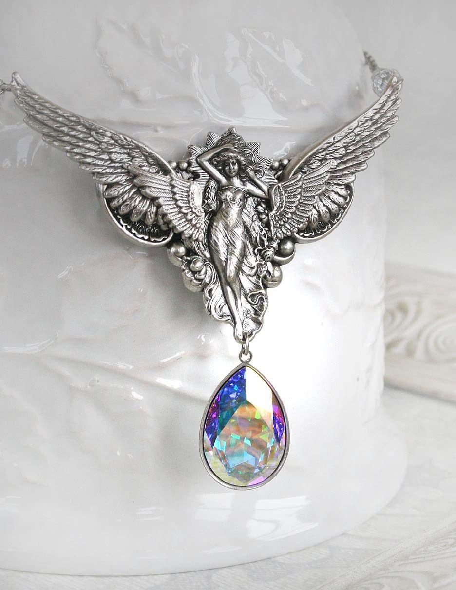 THE GUARDIAN romantic vintage fantasy inspired angel necklace with large Swarovski crystal, free gift boxing