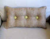 lumbar style 11x19 Burlap Pillow with granny smith green organic cotton duck buttons