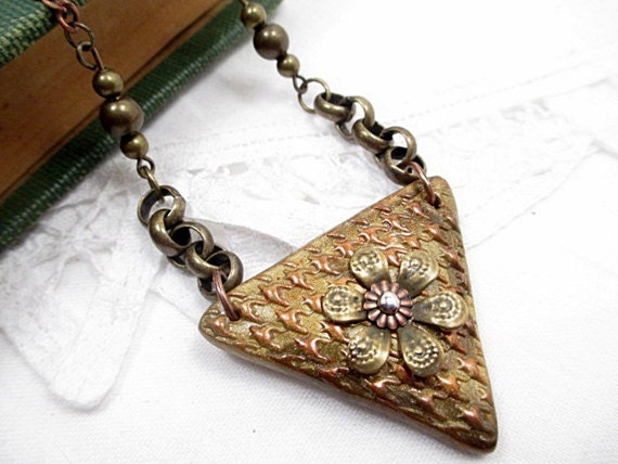 Chevron Triangle Bead Pendant Necklace Beaded Jewelry Handmade Stamped Gold Steampunk Light Flower Nature Woodland Geometric Minimalist