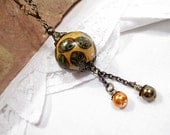 Gold Bead Lariat Necklace Handmade Beaded Jewelry Recycled Retro Vintage Nostalgic Victorian Metallic Green Glass Pearl Bead Clay Bead