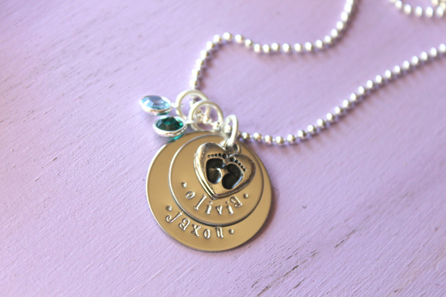 Hand stamped baby feet stacked necklace with birthstone