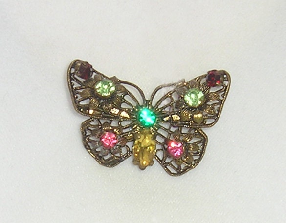 Vintage Czech Multi-colored Rhinestone & Filigree Butterfly Brooch