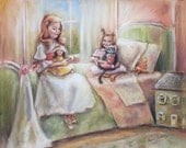 Sisters, girls art, cat print, Nursery art, daughters, Dolls art, reproduction print, 8 x 10