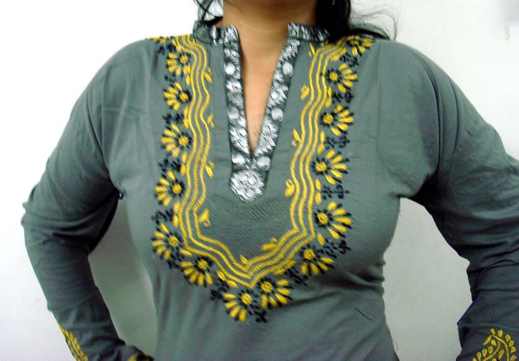 Grey Silk dress Indian Hand Embroidered Kurta Tunic Womens clothing Salwar Kameez Indian Cotton Fabric Boho Top
