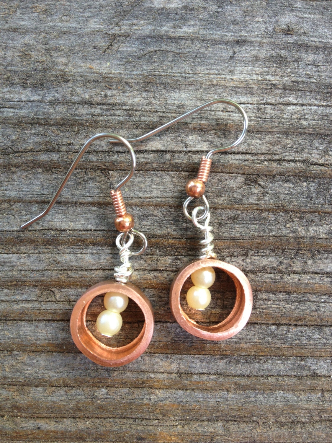 Handmade Artisan copper Earring Drop Eco Vintage Pearl Dangle Jewelry mixed metal