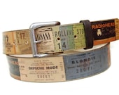 Brown leather belt / Iconic bands gig tickets belt / Gift for him or her