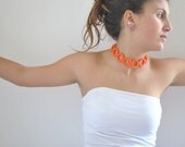 Orange cochet bracelet-necklace whit ceramic button / Neon fiber bracelet / Necklace cotton crochet / Summer jewelry bright colors