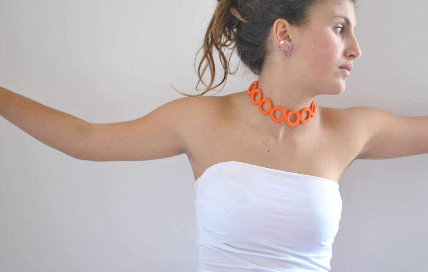 Orange cochet bracelet-necklace whit ceramic button / Neon fiber bracelet / Necklace cotton crochet / Summer jewelry bright colors