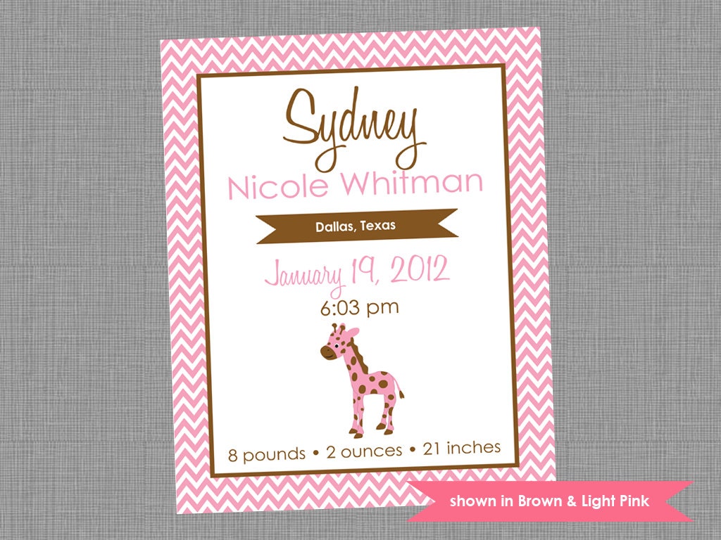 Giraffe Nursery Art Birth Announcement - Personalized Birth Stats Print - Colors Customizable Il_570xn