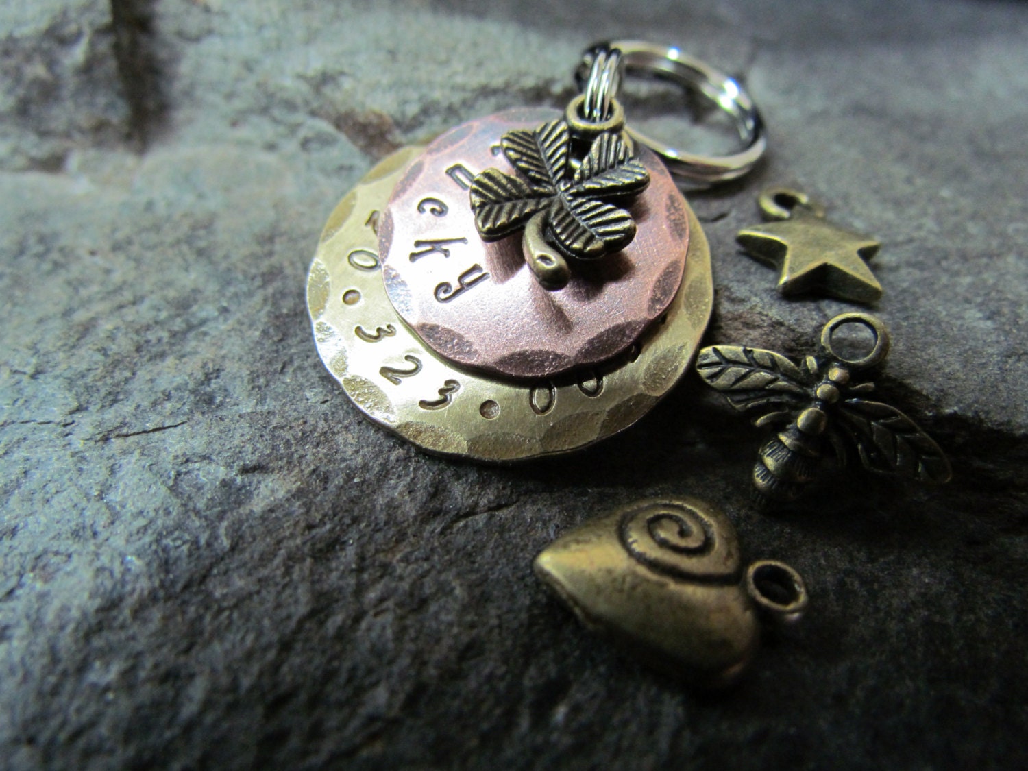 Dog Tag - Custom Pet ID Tag - Pet tag - Collar Tag -  Brass And Copper With 4 Leaf Clover Charm Pet ID tag/tags  Engraved - Personalized