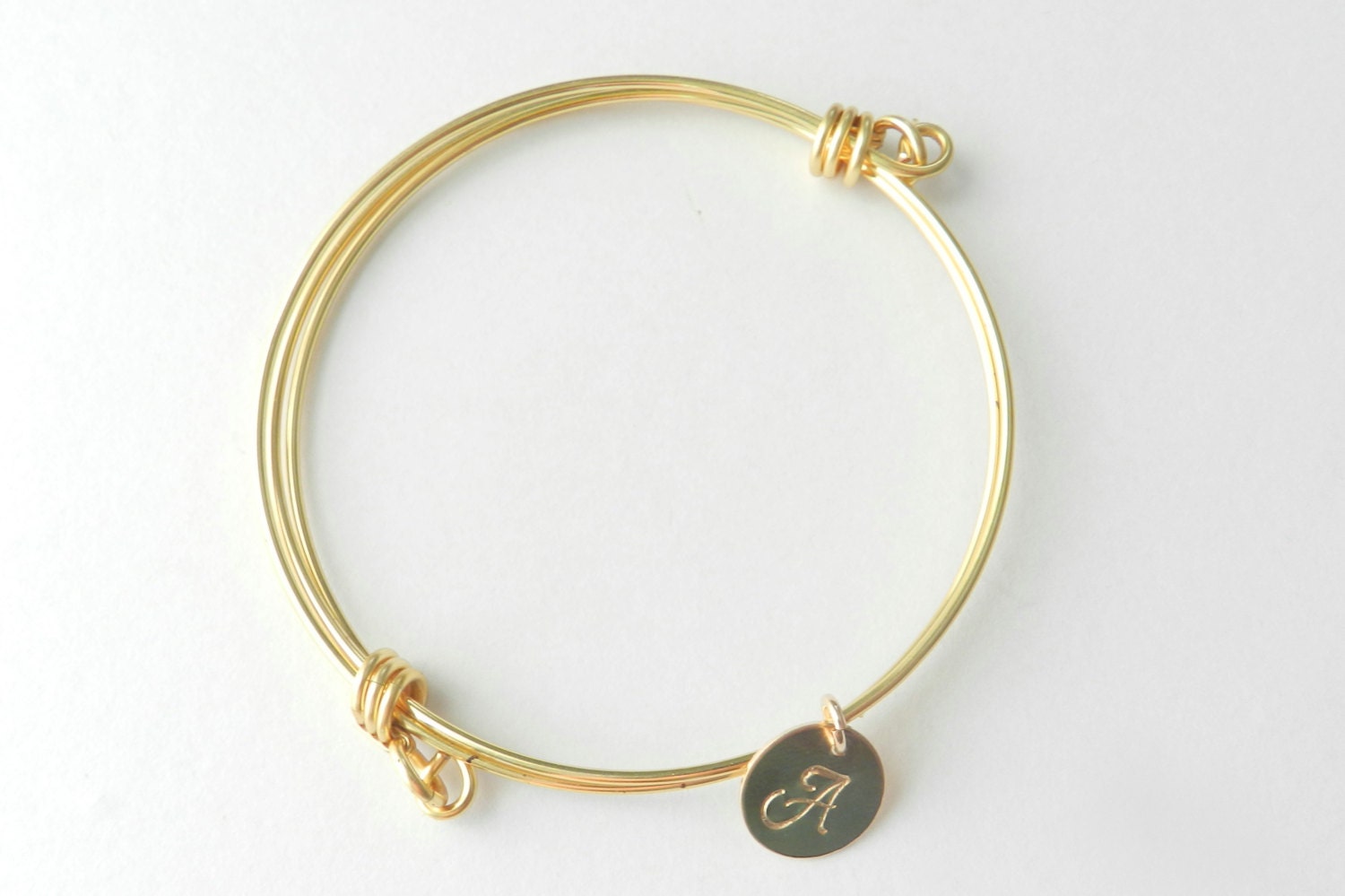 14k gold filled adjustable bangle with custom handstamped charm