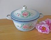 large antique French enamel cooking pan with lid, French country kitchen