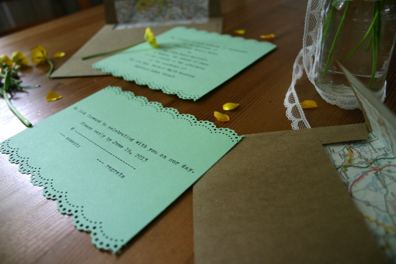 Mint Typewriter Maps Wedding Invitation