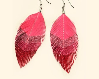 Sweetheart Chevron - Pink Glitter Faux Leather Feather Earrings