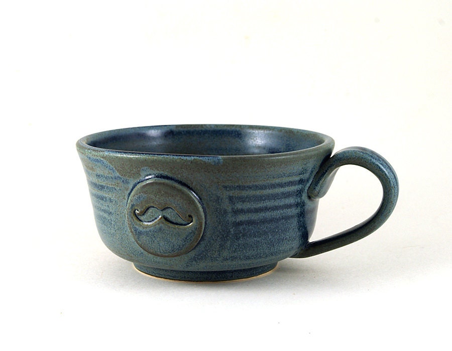 Mustache Mug: Blue Ceramic Soup Bowl, Cafe au Lait Bowl, Chili, Cereal, or lots of Coffee, Cup, Gift for Men, Unique Fathers Day Gift