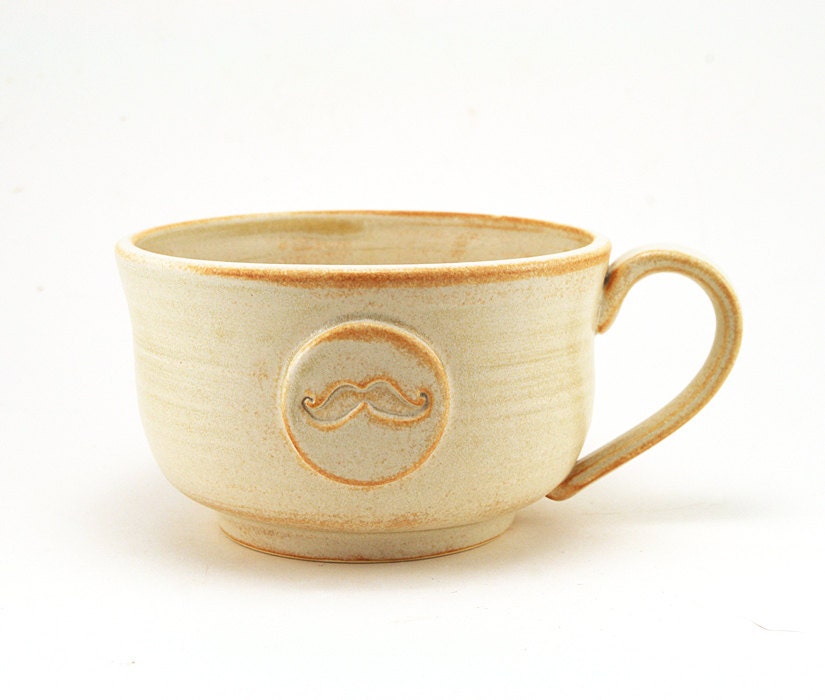 Mustache Mug:  Soup Mug, Large Cream Ceramic Mug for Soup, Chili or Cafe au Lait, Unique Pottery Gift for Guys by MiriHardyPottery