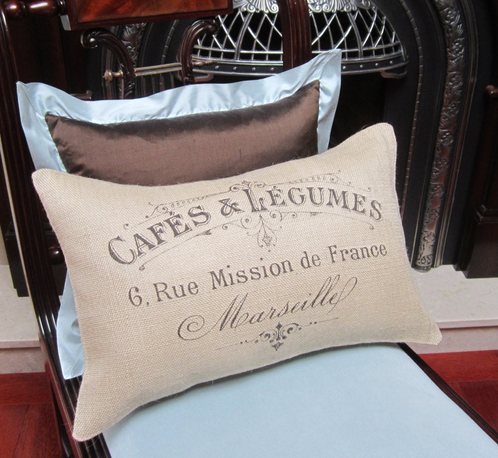 French Vintage Typography Burlap - 12" x 18" Pillow Cover - Shabby Chic - French Country Accent Pillow