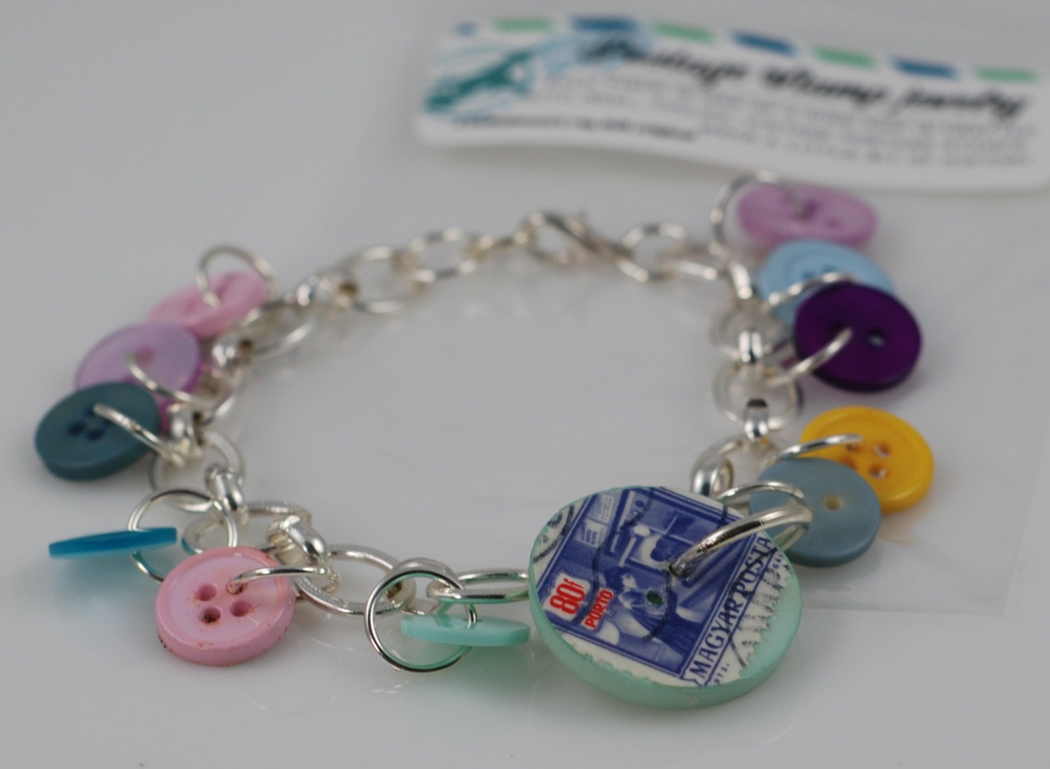 recycled button charm bracelet quirky postage stamp boho chic colorful mint green yellow blue ooak handmade jewelry