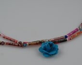 pink and aqua recycled postage stamp 2 strand necklace handrolled paper beaded jewelry boho chic quirky upcycled spring summer blue teal
