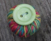 neon rainbow recycled dryer lint yarn wrapped pin cushion handcrafted eco friendly colorful sewing notion quirky fun bright big lime button