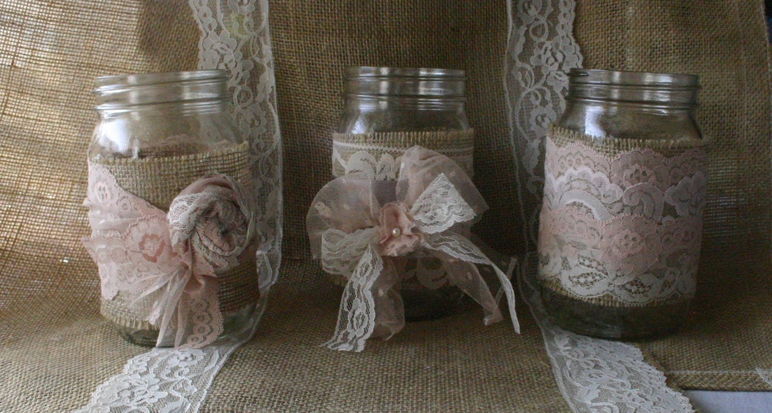 Burlap wedding, VINTAGE lace wedding JARs,  wedding table centerpieces, shabby chic,