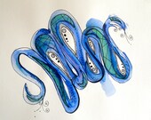 Organic Series - Abstract Blue Snake - Original Illustration Art - Watercolor Pen & Ink Painting