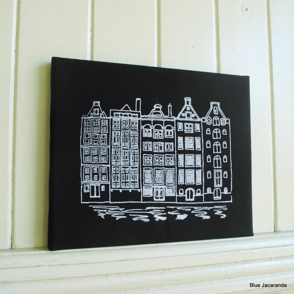 Amsterdam Canal Houses - Screenprint Stretched on Canvas - White on Black - Extra Large