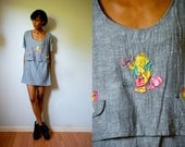 Vtg Tom & Jerry and Birds Stitched Grey Cotton Shift Dress