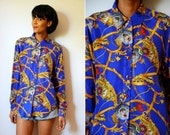 Vtg Silk Jeweled Buttons Gold Tassel Printed Purple Button Down Shirt
