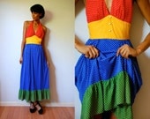 Vtg Color Block Polka Dots Red Yellow Blue Green Maxi Halter Dress