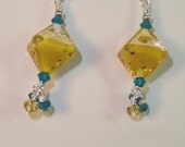 Yellow and blue diamond saucer lampwork earrings, dangle octahedron earrings with blue zircon swarovski crystals