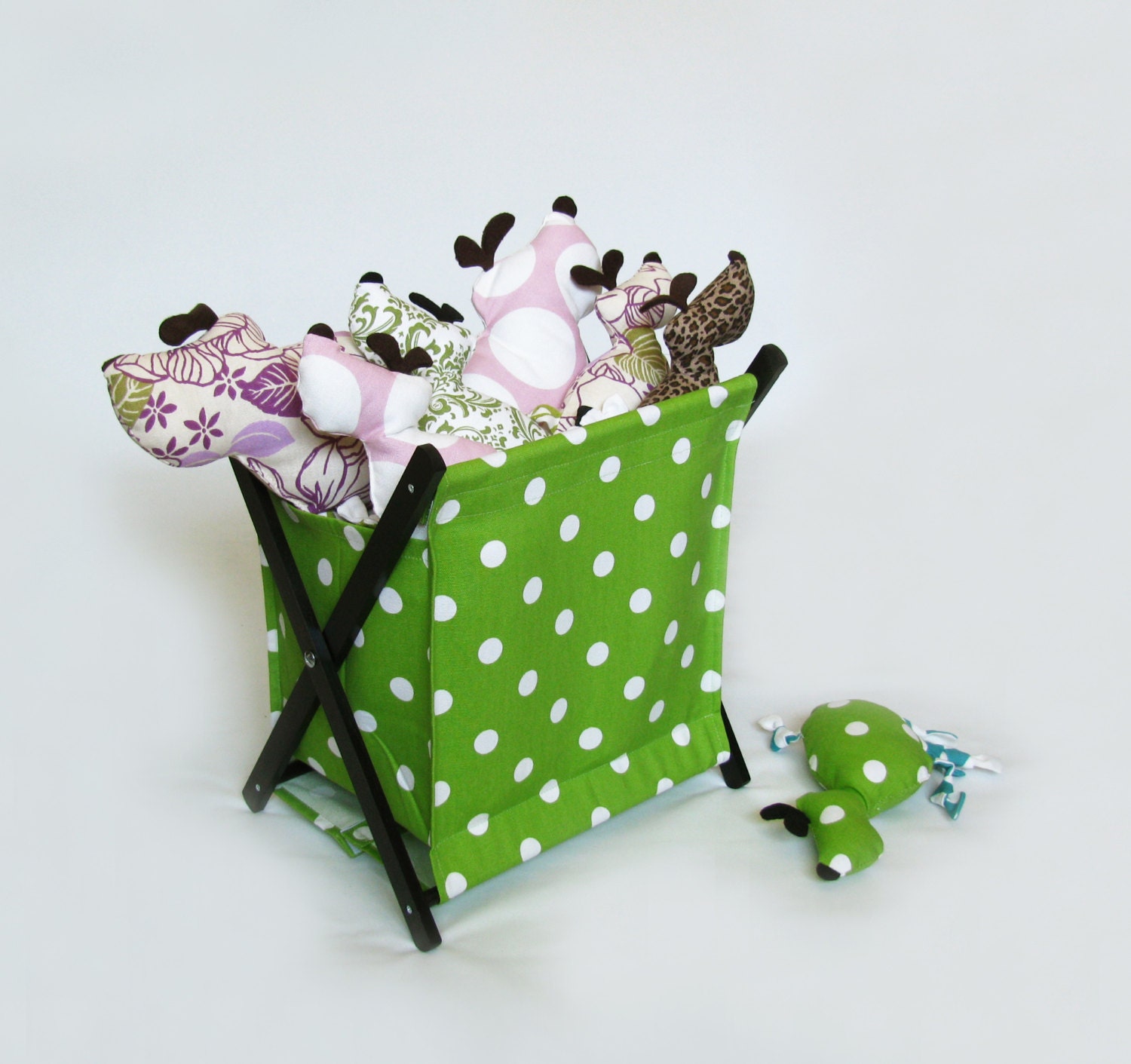 Green Polka Dot Pet Toy Hamper with frame