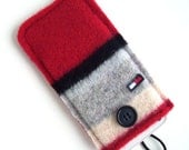 Upcycled  Red, Gray, Black, Cream Striped Felted Wool Cell Phone Case, Fits iPhone & iPod, Phone Cozy