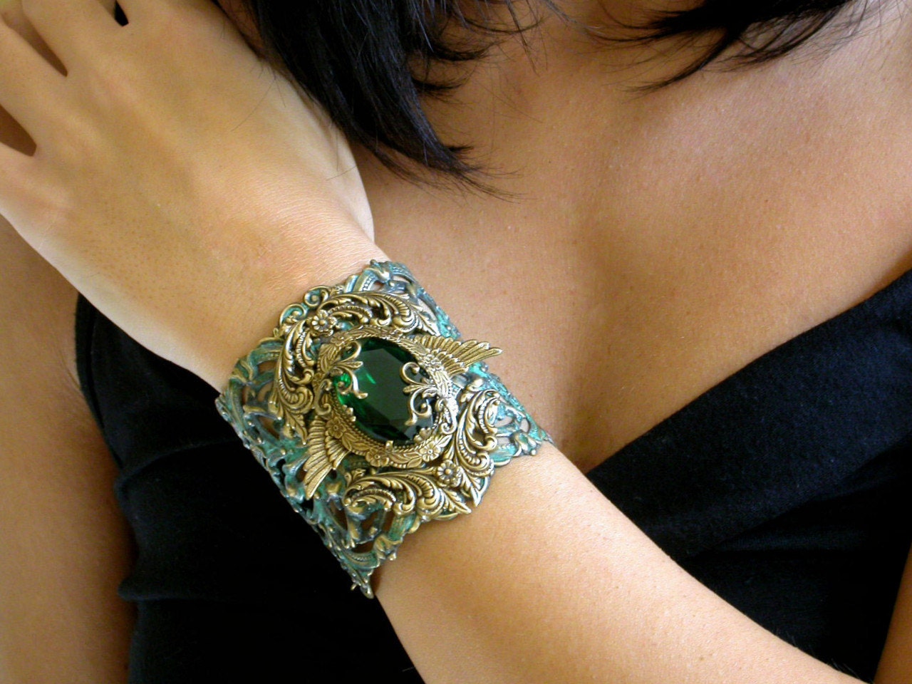 Flying Medusa on Victorian Lace Oversized Cuff Bracelet - Verdigris Patina on Brass