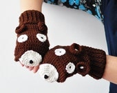 BEAR FINGERLESS GLOVES unisex Mittens Gift Wool Crochet Winter Woman Man Boy Girl Teens Cozy Brown Red Forest Animals Woodland