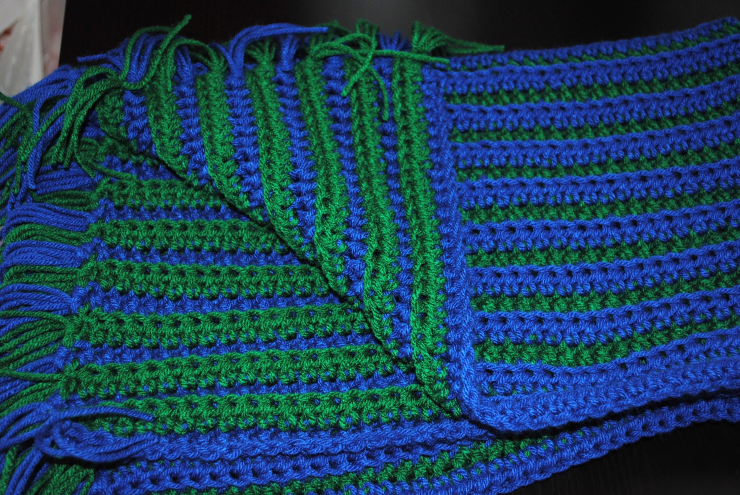 green and blue crochet ribbed reversable baby blanket- free shipping