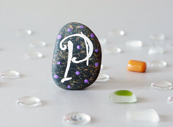 Any Initial Letter with Magnet, Monogram, Letter P, Beach Stone, Personal Gift Idea, Beach Pebbles by HappyEmotions