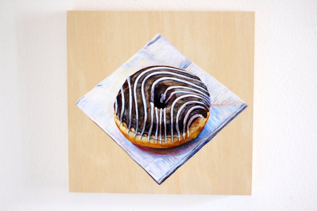 Small Original Painting, Chocolate Doughnut Still Life, Photorealism, Acrylic on Panel, 8 x 8 inches, by Heather McCaw