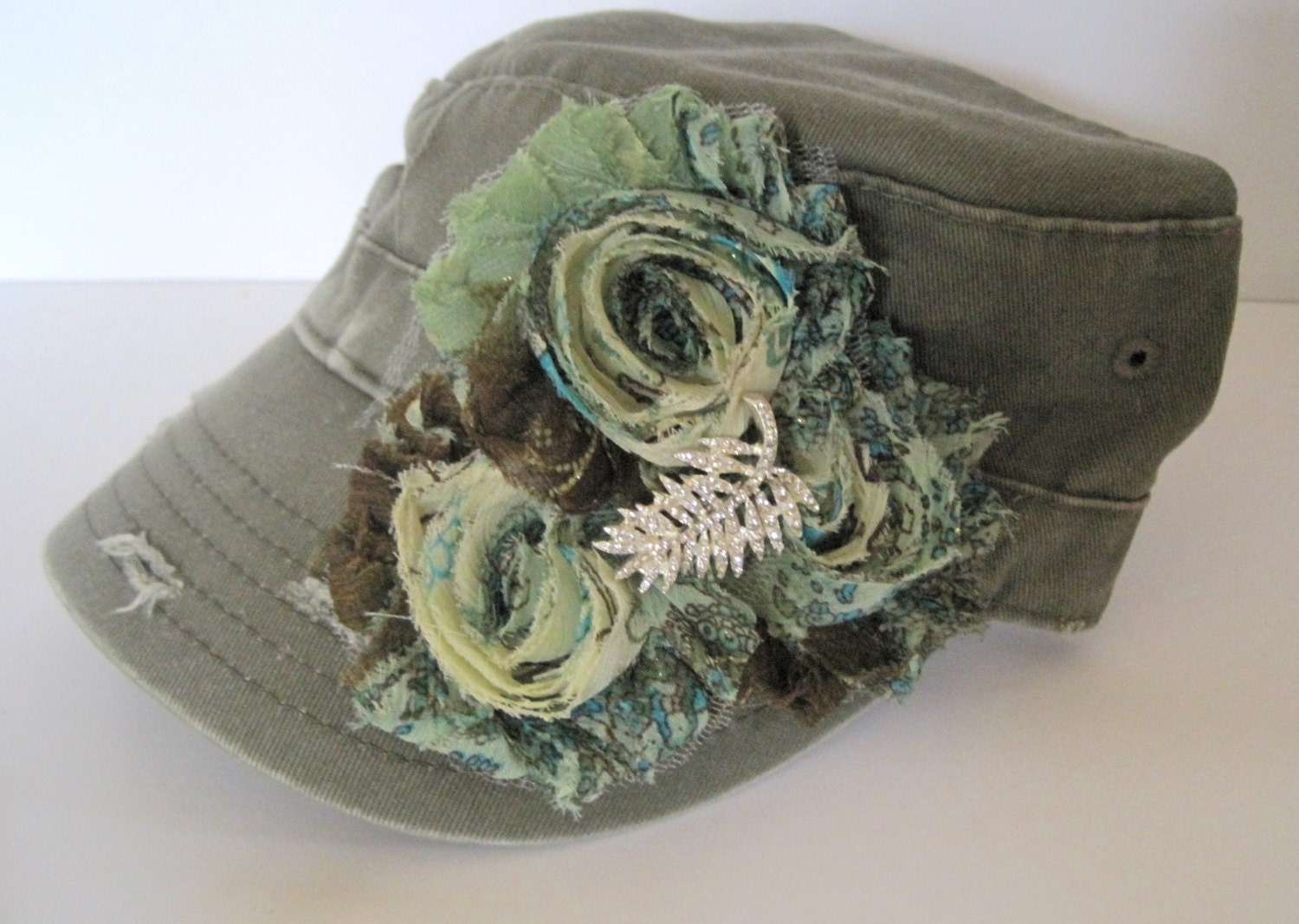 Olive Green Cadet Military Distressed Army Hat  with  Variegated Green Chiffon Frayed Flowers and a Rhinestone Leaf Accent