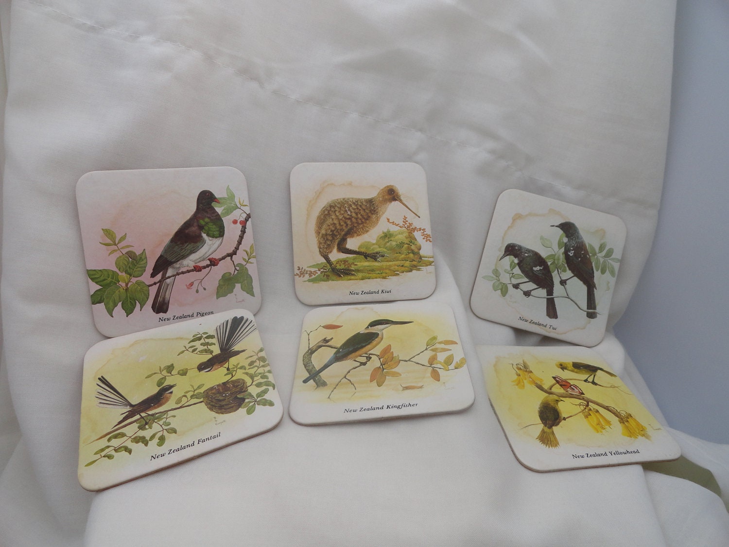 Set of 6 Vintage Paper Coasters - New Zealand Birds Il_570xn