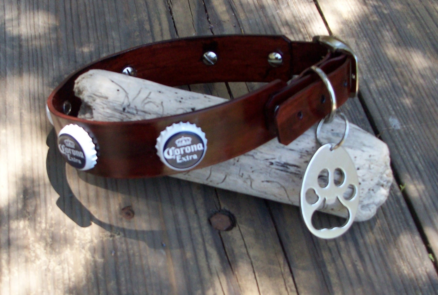 Corona Extra beer bottle cap leather dog collar with paw shaped bottle opener.  Any Size or Color