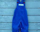 vintage health-tex blue corduroy overalls jumper romper with floral trim and red stitching tag size 4 years